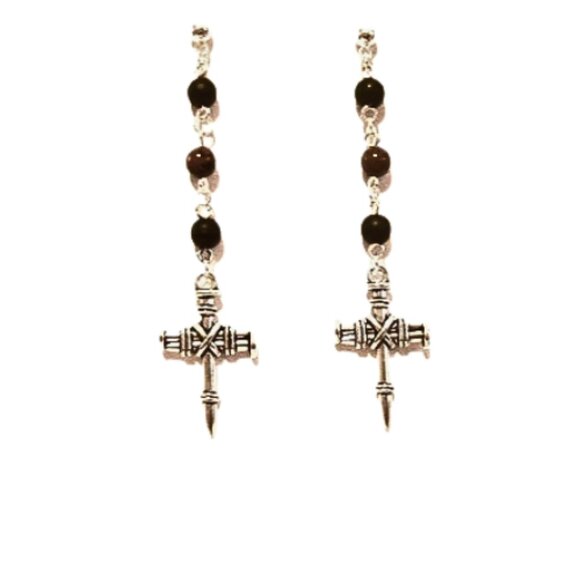 STEEL CROSS BEADED EARRINGS - Picture 2 of 3